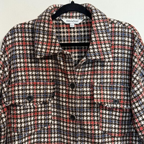 Davi&Dani Women's Size Large Oversized Plaid Button-Up Jacket/Shacket Fringed - Picture 2 of 8